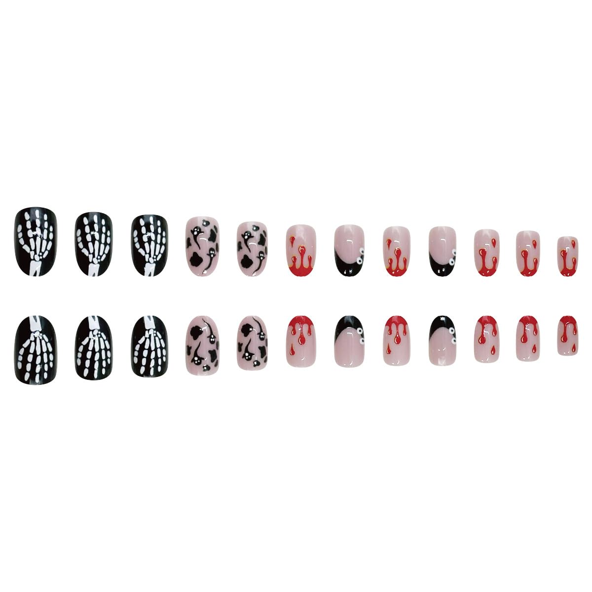 24Pcs Short Oval Press on Nails Halloween Almond French Tip Fake Nails with Blood & Ghost Halloween Skull Acrylic Stick on Nails Black Gradient False Nails for Women Girls