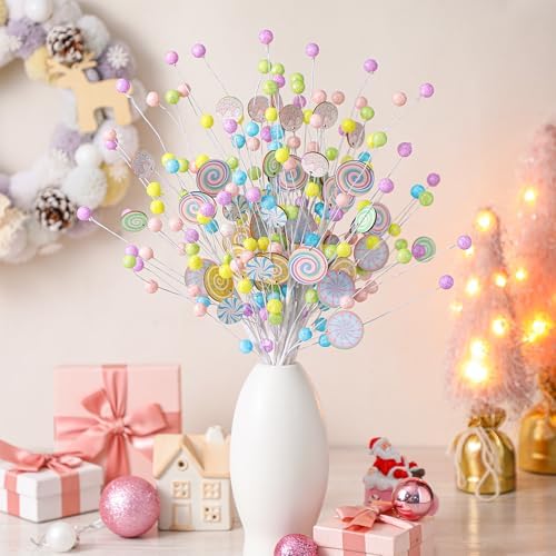 Janinka 8 Pcs Christmas Picks Decorations Pastel Tree Macaron Candy Picks 16 Inches Pastel Christmas Tree Topper for Xmas Vase Fillers DIY Crafts Displays Home New Year(Macaron, Lollipop)