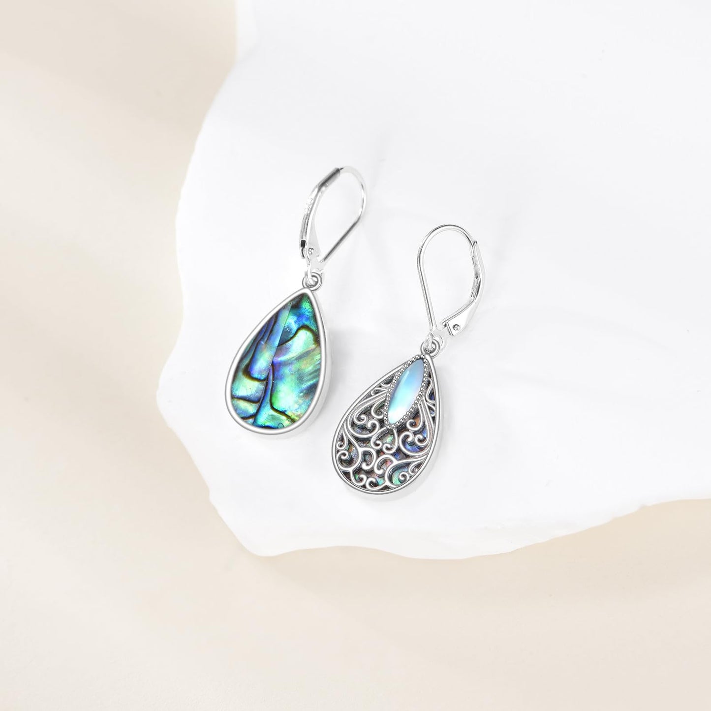 Filigree Earrings Sterling Silver Teardrop Abalone Shell Drop Dangle Earrings Filigree Leverback Earrings Jewelry