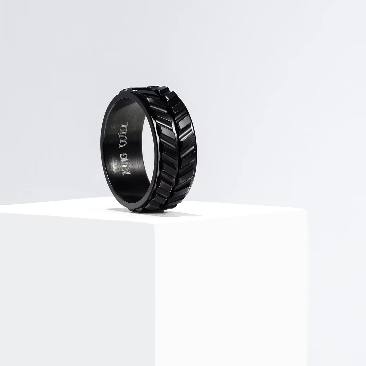 King Will Mens Black 8mm Spinner Rings Tire Stripe Groove Stainless Steel Anxiety Fidget Ring for Men Groove 7