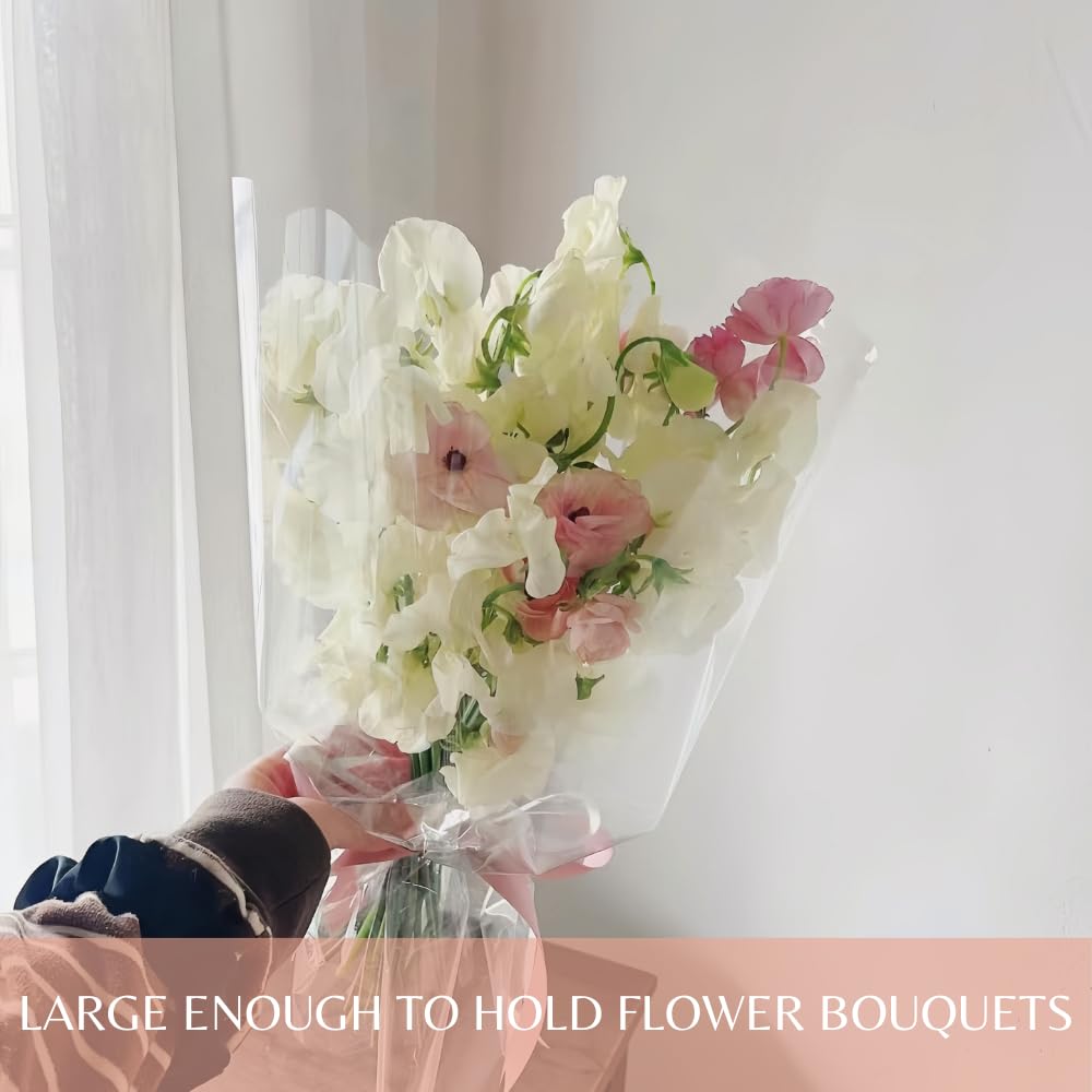 BBJ WRAPS Flower Sleeves for Bouquets Clear Rose Flower Bouquet Packaging Bags Floral Arrangement Supplies, 100 Counts (L)