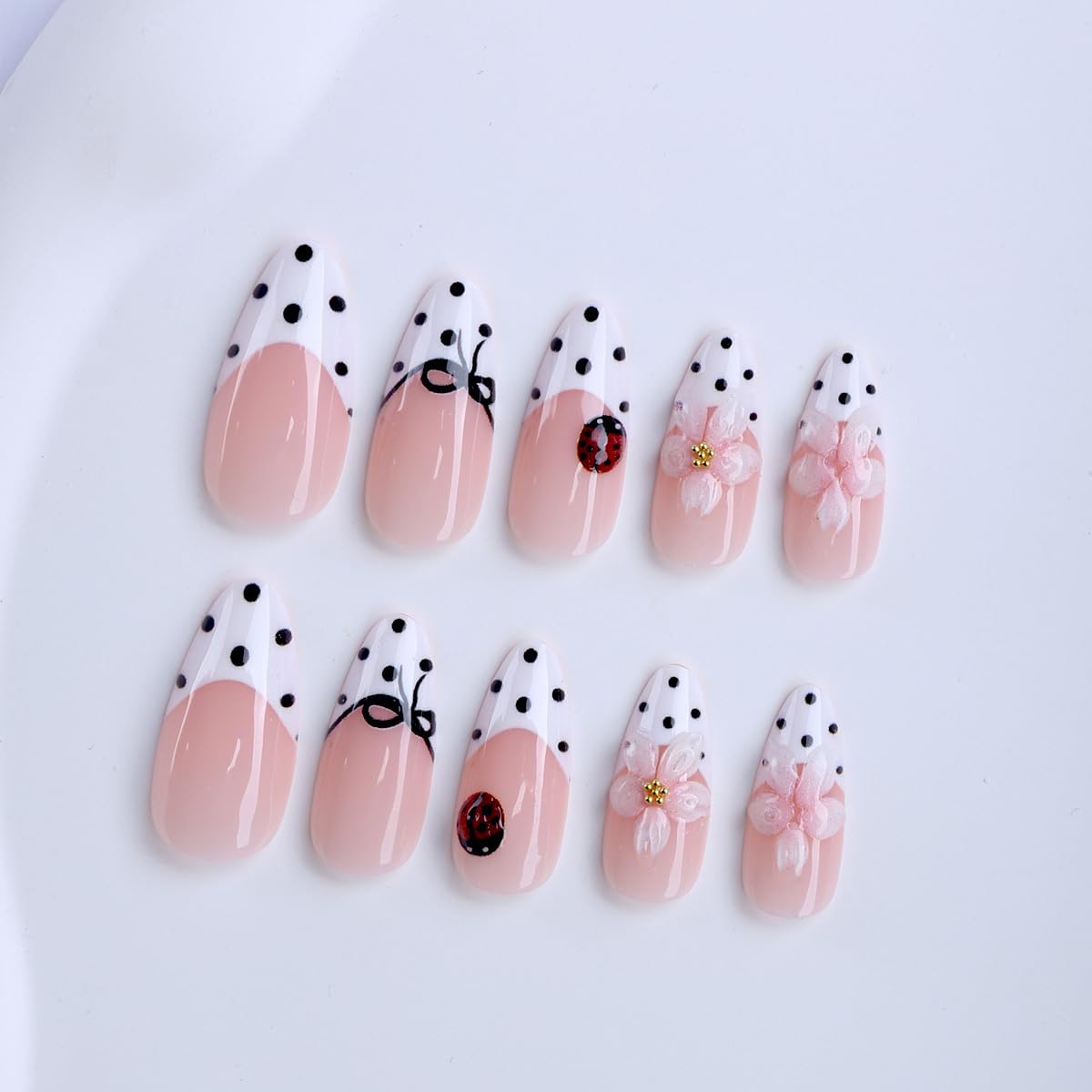 French Tip Press on Nails Medium, Almond Fake Nails White Summer False Nails with 3D Floral Polka Dot Design Artificial Acrylic Nails Reusable Full Cover Glue on Nails for Women 24Pcs