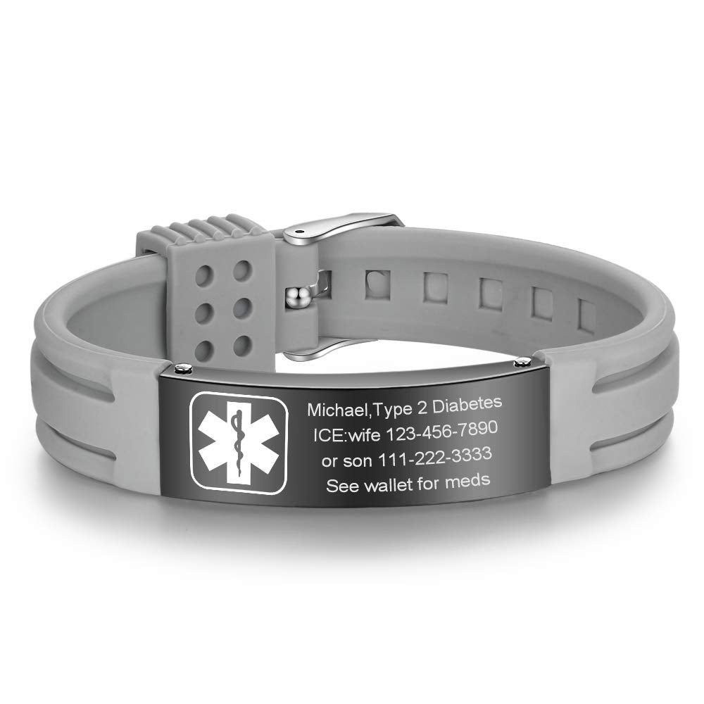 VNOX Customize Emergency Jewelry Medical Alert ID Grey Silicone Stainless Steel Adjustable Bracelet