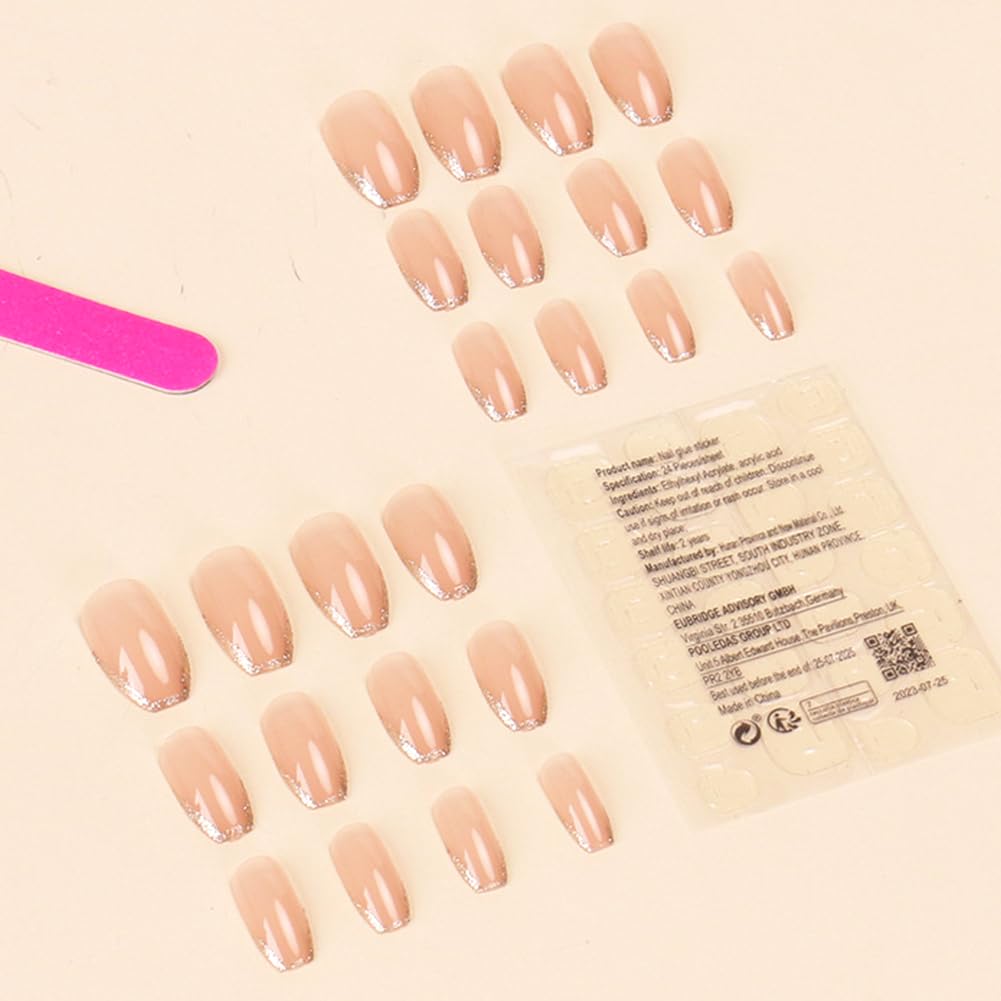 RUPOFUZA Medium Press on Fake Nails 24Pc Square Coffin False Nail with Golden Glitter French Tip Designs Acrylic Nail Press ons Artificial Stick on Nails for Women