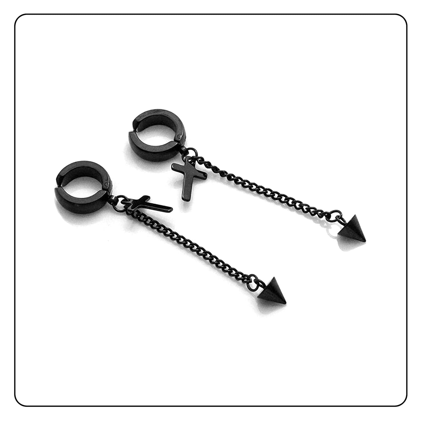 Fusamk Punk Rock Stainless Steel Cross Ear Clip Earrings Long Chain Drop Dangle Earrings(Black)