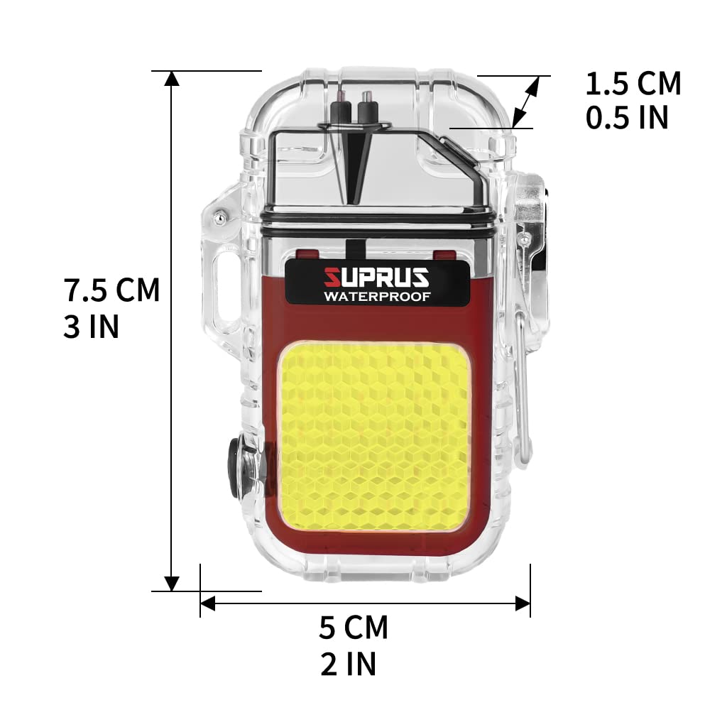 SUPRUS Waterproof 3 Modes of Flashlight Windproof Lighter Dual Arc Electric Rechargeable Dual Arc Plasma Lighter with Survival Emergency Whistle and Lanyard (Red)