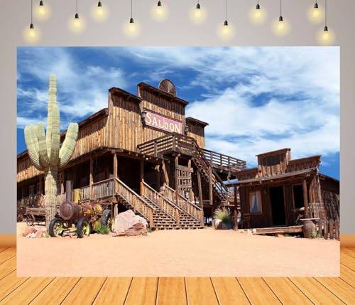 10x10ft Fabric Western Town Backdrop Western Town Saloon Photography Background Countryside Wood House Background Rural Western Bar Desert Photo Backdrop Birthday Party Photo Prop - size: 10x10ft
