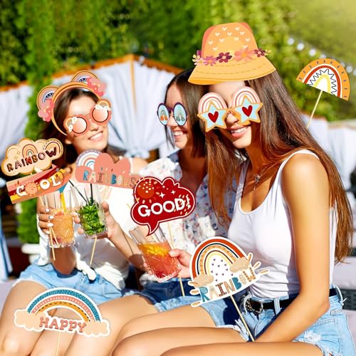 25Pcs Boho Photo Booth Props with Stick, Bohemian Theme Selfie Props, Boho Rainbow Birthday Party Supplies, Photography Backdrop Decorations