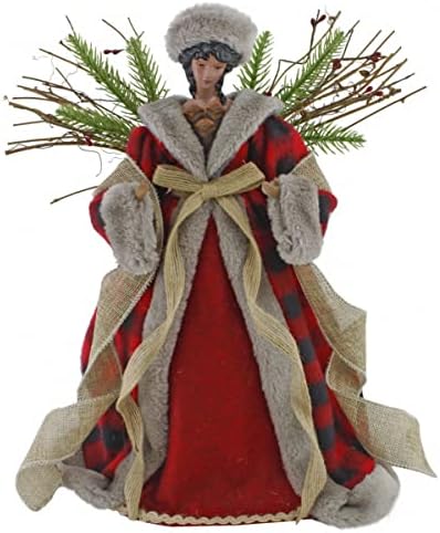 Windy Hill 14" Cherished Red Check Burlap Black Angel Tree Topper 514220A