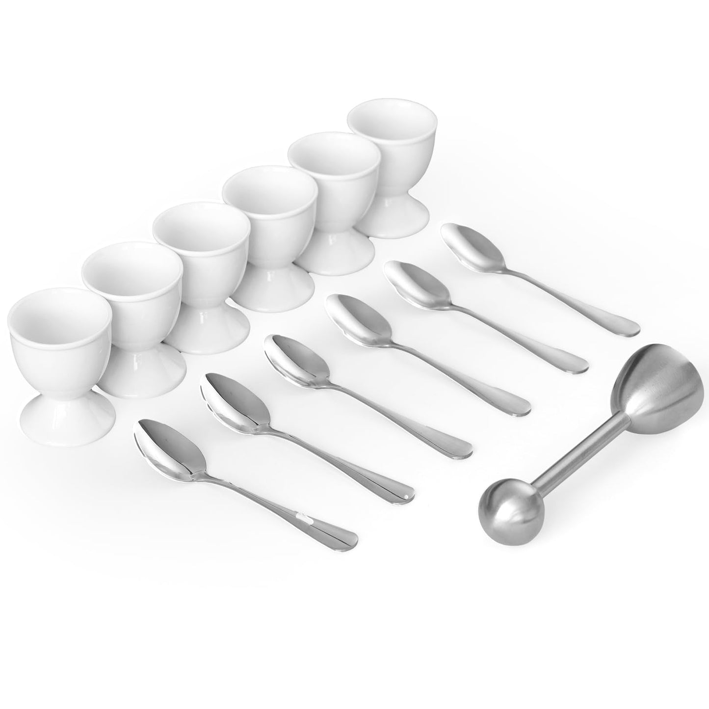 Cinf White Ceramic Egg Cups & Cracker Set | Set of 6 Ceramic Egg Cups + 6 SS Spoons + 1 Egg Topper Breakfast Boiled Cooking Easy to Clean Childhood Memories Kitchen