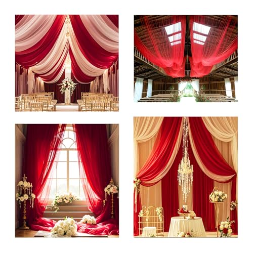 DUOBAO Chiffon Ceiling Drapes 20ft Red Wedding Backdrops Sheer Backdrop Curtains for Reception Wedding Ceremony Dark Red Sheer Arch Drapes Fabric Event Party Supplies 6 Panels 5×20ft - color: Red, size: 60"W x 240"L (Pack of 6)