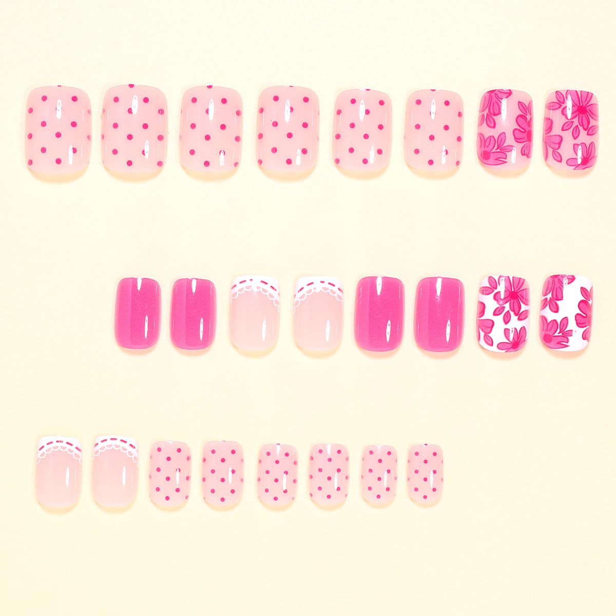 LINMEIZAI Press on Nails Short Square Spring Flower Glossy Acrylic Fake Nails Press ons Glue on False Nails for Women Reusable Cute Manicure Set White Polka Dots Stick on Nails French Tip 24Pcs
