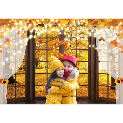 Hilioens 7x5ft Fall Windowsill Backdrop Autumn Forest Photography Background for Kids Photoshoot Maple Leaf Natural Scenery Banner Decoration Party Supplies Photo Studio Booth Props - size: 7x5ft