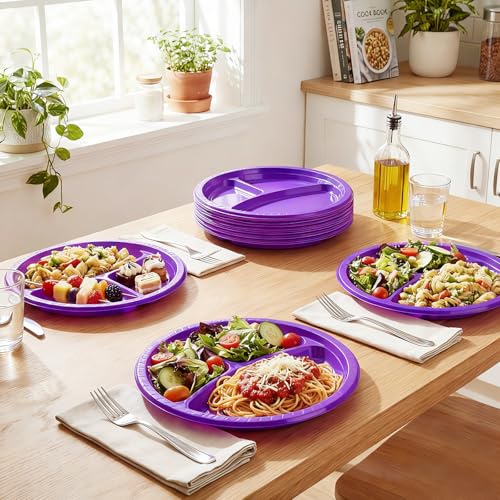 Umigy 100 Pcs 10 Inch 3 Compartments Divided Plastic Plates Bulk Colorful Disposable Heavy Duty Round Dinnerware for Party Valentine Wedding Birthday(Purple) - color: Purple