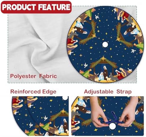 Navy Blue Nativity Scene Christmas Tree Skirt 48 inch Religious Jesus Nativity Scene Xmas Tree Collar Christian Christmas Tree Mat Holiday Jesus Indoor Outdoor Party Decor