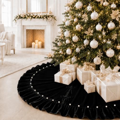 Christmas Tree Skirt,Velvet Tree Skirt with Ruffled Edge with Pearls, Classic Large Velvet Fur Plush Tree Skirt for Merry Christmas(Black,48Inch)
