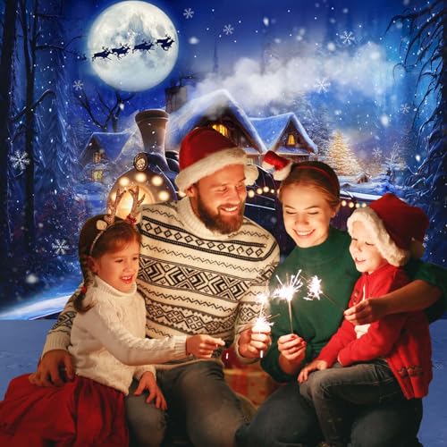 Mocsicka Christmas Train Backdrop for Photography Winter Train Xmas Snow Night Railway Party Background Wonderland Snowflake Portrait Photo Studio Props (7x5ft) - size: 7x5ft