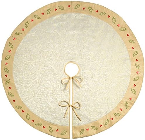 Holly and Berry Quilted Christmas Tree Skirt Decoration, 140 Cm - Large, Cream