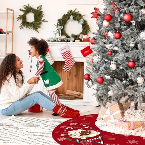 Tiamon Christmas Tree Skirt - 48 Inch Red African American Xmas Tree Mat Decor Snowflake Joy Santa Claus Decor for Winter Holiday Christmas Decoration Supplies