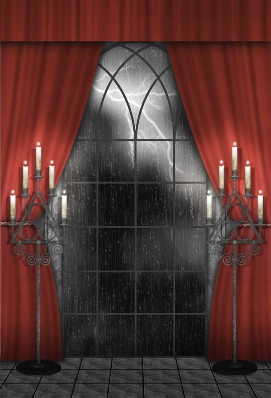 Renaiss 3x5ft Vintage Gothic Window Backdrop Red Curtain Candlestick Black Floor Lightning Stormy Sky Vampire Medieval Castle Photography Background Halloween Dress Up Party Decors Photo Booth Props