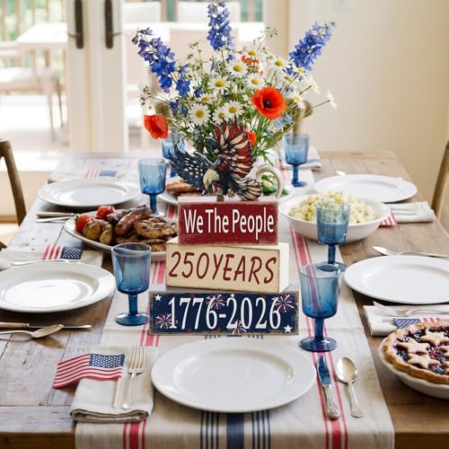 GlikCeil 4 Pcs 250th Anniversary Table Decoration 4th of July Tiered Tray Decor Eagle Patriotic Wooden Block Sign 1776-2026 Independence Day Centerpiece Rustic Star Tabletop Eagle Decor for Indoor - style: Eagle