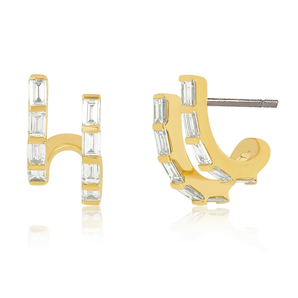 Obidos Double Faux Diamond Baguette Illusion Mini Huggie Earrings | 14K Gold Plated Huggie Small Hoop Earrings for Women | Boho Simple Hypoallergenic Earrings