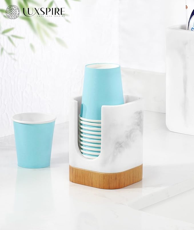 Luxspire Bathroom Cup Dispenser, Dixie Cup Holder 3-5oz, Disposable Paper Cup Holder for Bathroom, Cotton Pad Container, Guest Bathroom Essentials, Gravel White