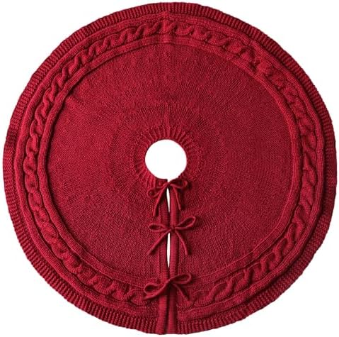 Christmas Tree Skirt 36 Inches: Braided Cable Knit Round Wine Red Tree Skirt, Thick Rustic Christmas Tree Decorations Neutral Christmas Decor Christmas Tree Skirts for Xmas Home Party Supplies