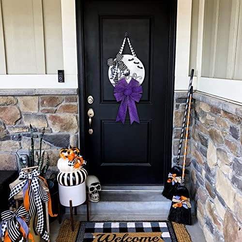 Heureppy 2pcs Halloween Wreath Bows Decor Bow Purple Spider Web Burlap for Wreaths, Large Ribbon Tree Topper Home Indoor Outdoor Decoration Ornament