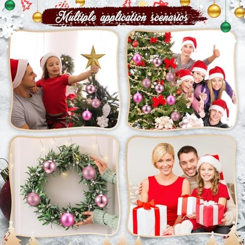 RoundFunny 25 Pcs Mini Christmas Balls Ornaments Set 2.36 Inch Christmas Day Ball Topper Star Tree Hanging Ornaments for Party Decoration(Pink)