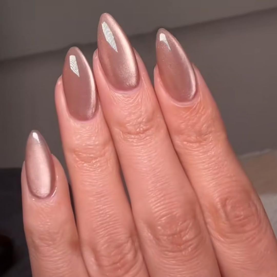 KQueenest Cat Eye Nude Pink Press on Nails Almond, Glitter Press on Nails Medium, Sparkly Shiny Soft Gel Fake Nails Set, Bling Chrome Glue on Nails Medium Stiletto for Women Manicure Gift 30 Pcs