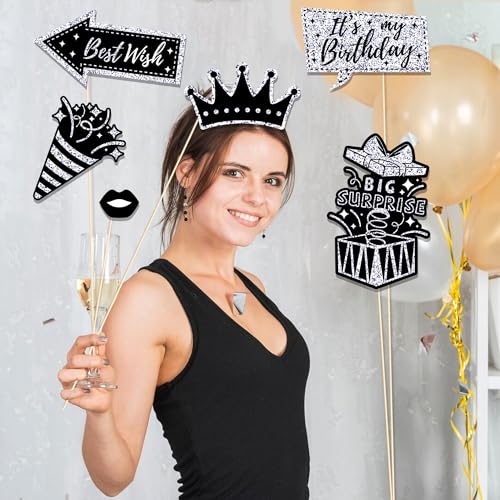 36Pcs Silver Birthday Photo Booth Props, Glitter Silver Party Decorations, Letter Print Card Material