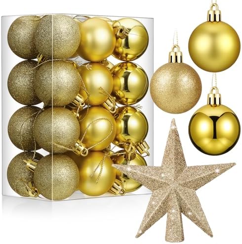 RoundFunny 25 Pcs Mini Christmas Balls Ornaments Set 1.57 Inch Christmas Day Ball Topper Star Tree Hanging Ornaments for Party Decoration(Gold)