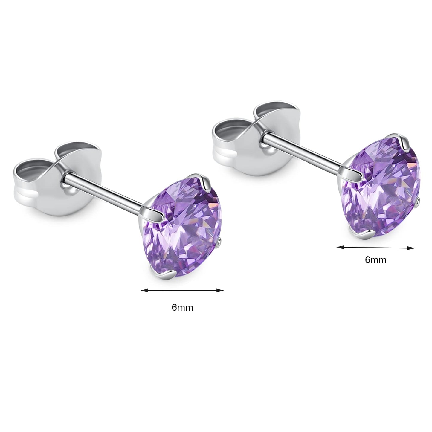 1 Pair Implant Grade Titanium Stud Earrings Set Hypoallergenic 3mm 4mm 5mm 6mm Cubic Zirconia G23 Titanium Earring Studs for Women Men for Sensitive Ear (6mm purple)