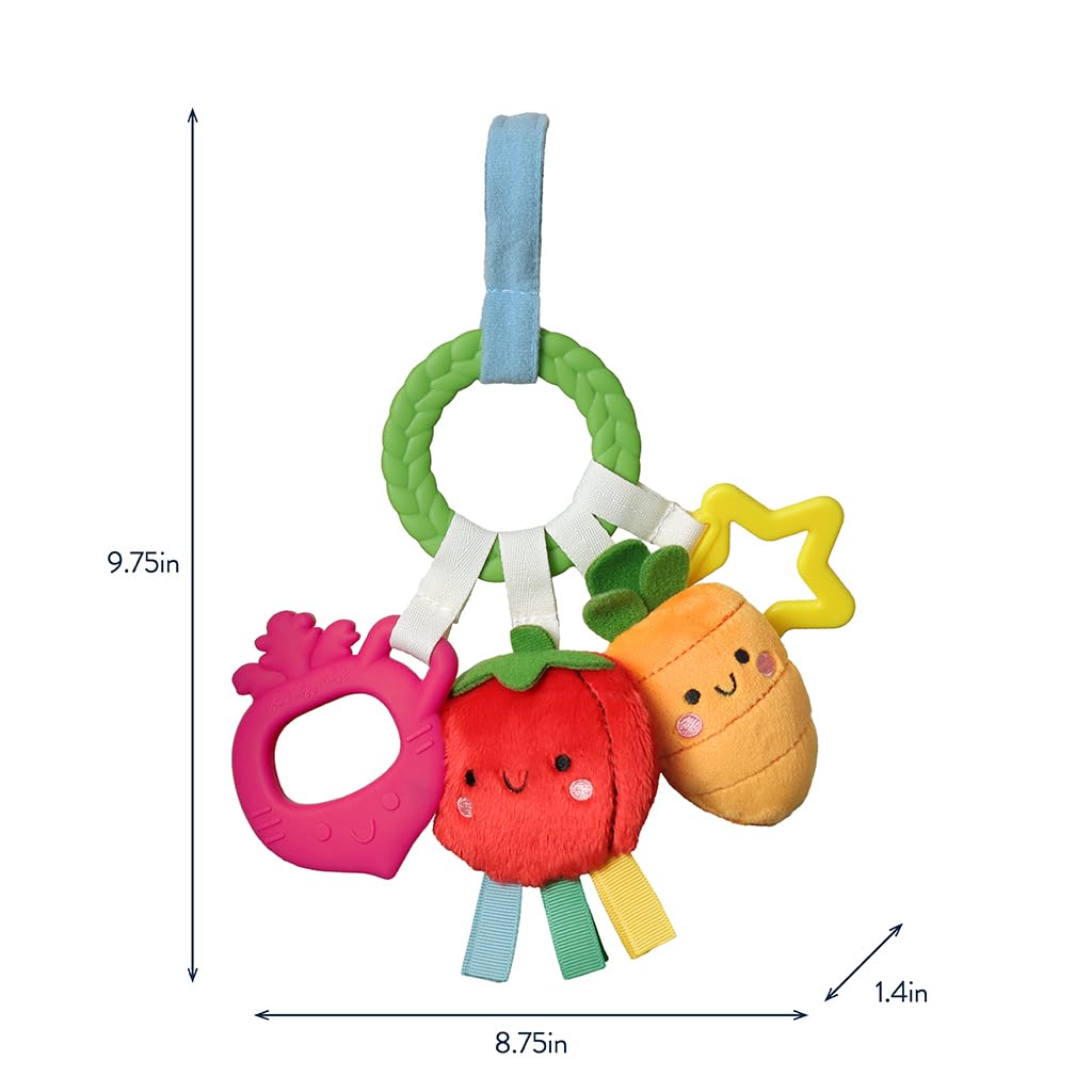 Itzy Ritzy Teething Activity Toy - Bitzy Busy Ring Infant Teething Toy Features Braided Ring & Dangling Toys, Includes Teether, Ribbons, Crinkle Sound & Jingle Bell - 0 Months & Up (Veggie)