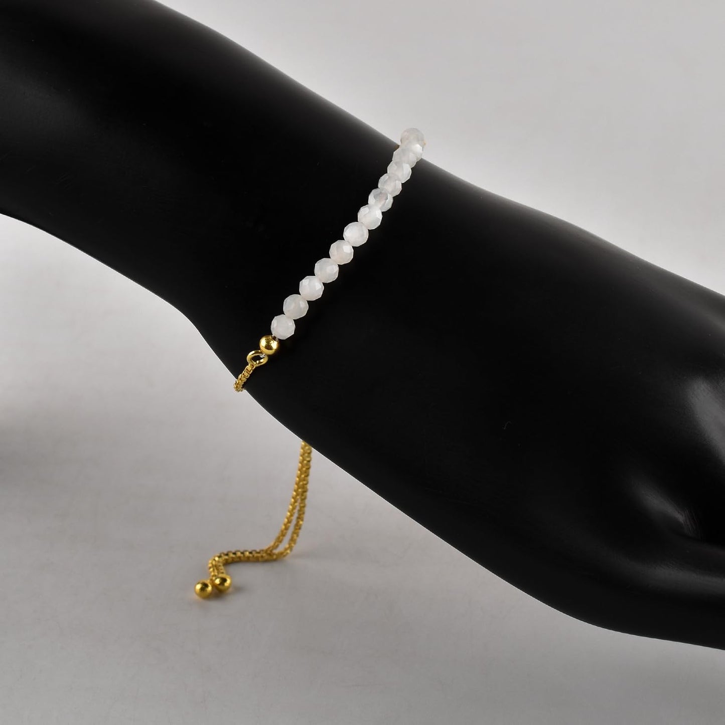 InfinityGemsArt Moonstone Bracelets For Women June Birthstone Jewelry Micro White Beads Beaded Stone Bolo Slider Crystals Gemstones, 14K Gold Plated Adjustable Chain, Valentines Day Gifts For Her