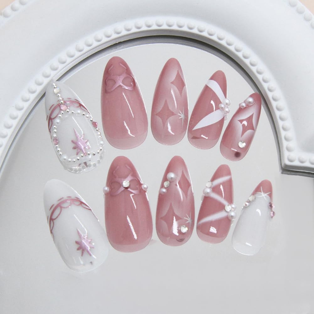 24 Pcs Pink White Press on Nails Short Almond,MINGCHUN Fall Fake Nails Press ons Acrylic Nail Art Tips Kit Full Cover False Nails Glue on Nails with Rhinestone Bow Starburst Glitter Design for Women