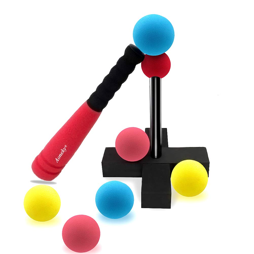 Aoneky Foam Tball Set for Toddlers 1-3 Years - First Baseball Toy with Soft Foam Bat & Balls, Stable Tee & Carry Bag, Indoor Outdoor Gift for Kids (Red)