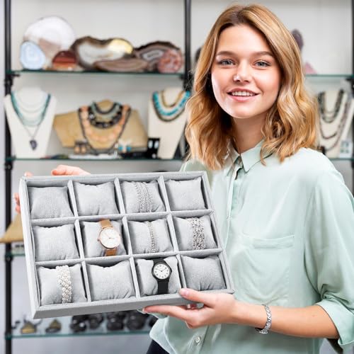 Henoyso 2 Pieces 12 Grid Velvet Watch Tray Jewelry Organizer Stackable Watch Bracelet Bangle Display Holder Adjustable Pillow (Gray) - color: Gray, size: 12 Grid