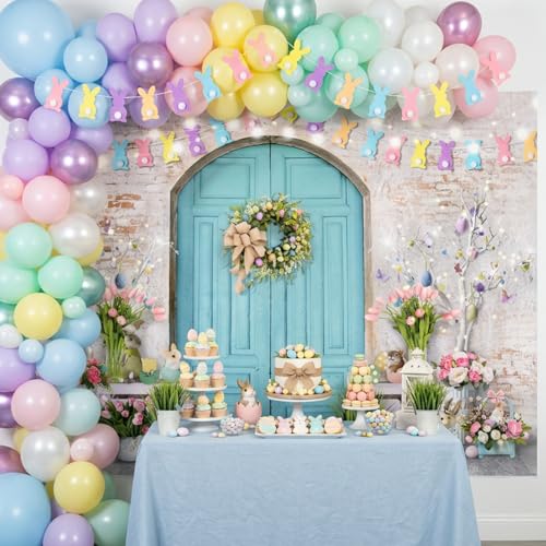 Mocsicka Easter Backdrop Blue Wooden Door with Brick Wall Bunny Rabbit Spring Photography Background Easter Day Party Decorations Photo Studio Props - size: 7x5ft (82x60 inch)