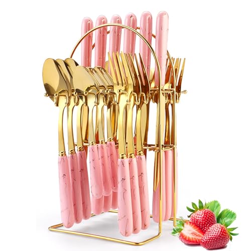 24 Pieces Flatware Set, Stainless Steel Cutlery Set with Silverware Holder, Modern Gold Silverware Set Includes Dinner Knives Forks Spoons,Hanging Silverware Set Service for 6 (Pink Gold) - color: Pink Gold