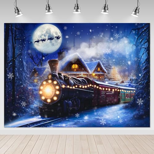 Mocsicka Christmas Train Backdrop for Photography Winter Train Xmas Snow Night Railway Party Background Wonderland Snowflake Portrait Photo Studio Props (7x5ft) - size: 7x5ft