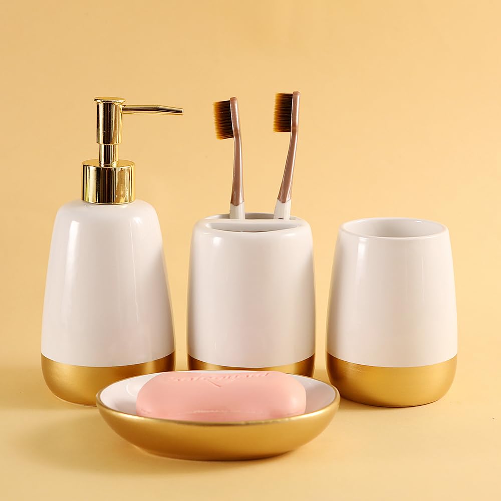Elegant White with Gold Bathroom accesory Set 4pc,Toothbrush Holder soap Dispenser soap Dish Tumbler Cup for Bathroom Decor Morden Style (White 2)