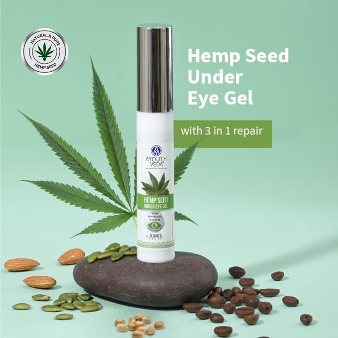 Hemp Seed Under Eye Gel with Cooling Massage Roller|For Puffy Eyes, Dark Circles, Wrinkles & Fine Lines|With Hemp Seed Oil, Almond oil & Coffee| (Pack of 1;15ml)