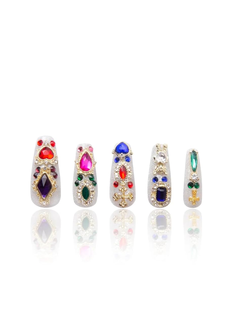 LOVFUL Reusable Press on Nails | Treasure Trove Rhinestone | Salon Quality Sustainable Style Handmade with Full Covered Crystals | Coffin Classic Regular 1.3 in | H103-M