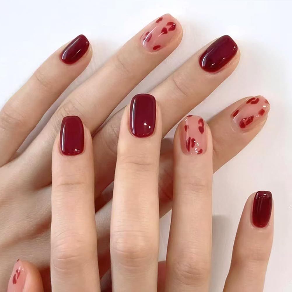 RUPOFUZA Press on Nails Spring Square Short Fake Nails Red Leopard Print False Nails Glossy Red Glue on Nails Acrylic Artificial Nails Extra Short Glue on Nails for Women 24Pcs