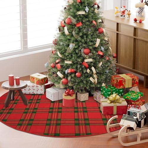 48 Inch Christmas Tree Skirt Red Green Tartan Plaid Tree Skirt Rustic Scottish Plaid Round Christmas Trees Mat for Xmas Winter Holiday Home Party Indoor Outdoor Decoration