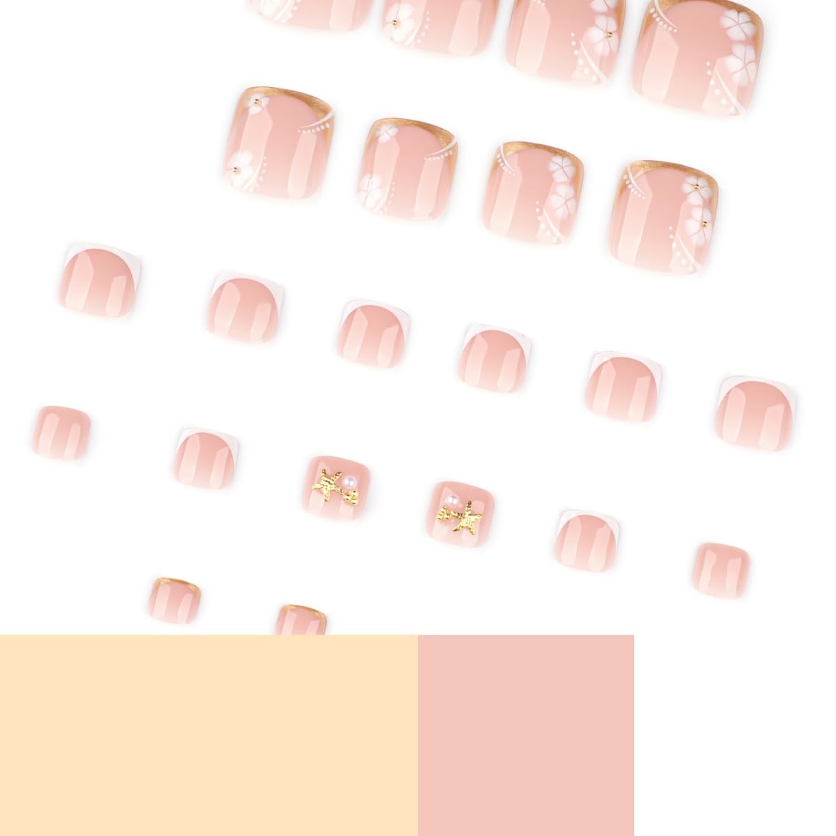 PEPFTG Flower Press on Toenails Short Square Fake Toenails with Floral Starfish Design Gold False Toenails Glossy Summer Acrylic Glue on Toenail for Women Nails Art Decoration 24Pcs