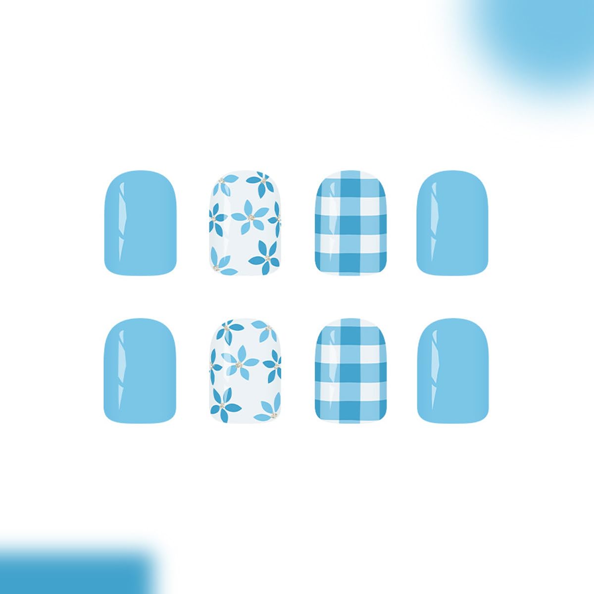 Blue Press on Nails Short Square Fake Nails Spring Summer Nails Press ons with Blue Flower & Plaid Design Full Cover Stick on Nails for Women Manicure,Artificial | Reusable | Easy Apply | 24Pcs