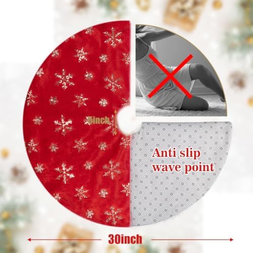 30" Red Plush Faux Fur Christmas Tree Skirt with Silver Sequin Snowflakes